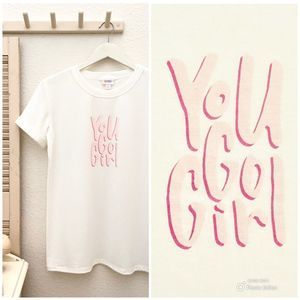 LuLaRoe White T-shirt with Pink “You Go Girl” Graphic on Front, Cuff Sle…
